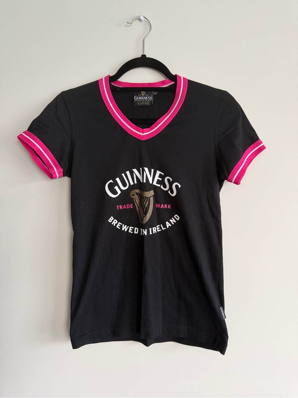 Guinness Women's Black V-Neck Tee with Pink Trim